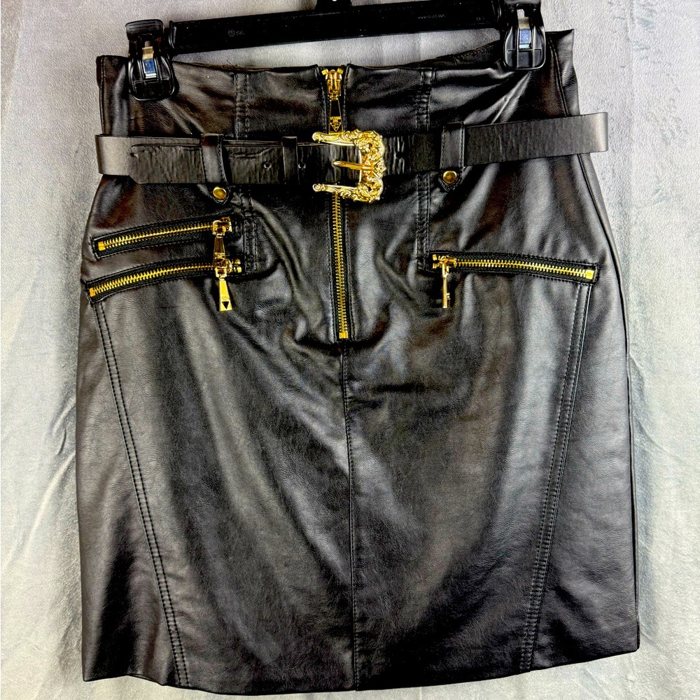 Guess Faux Leather High-Waisted Pencil Skirt with Gold Zipper and Belt, Size 6